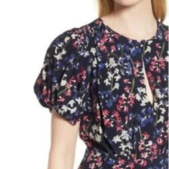 Lewit Dress 100% Silk Floral Garden A Line Navy Flounce Keyhole Cocktail Dress 6 - Picture 6 of 15